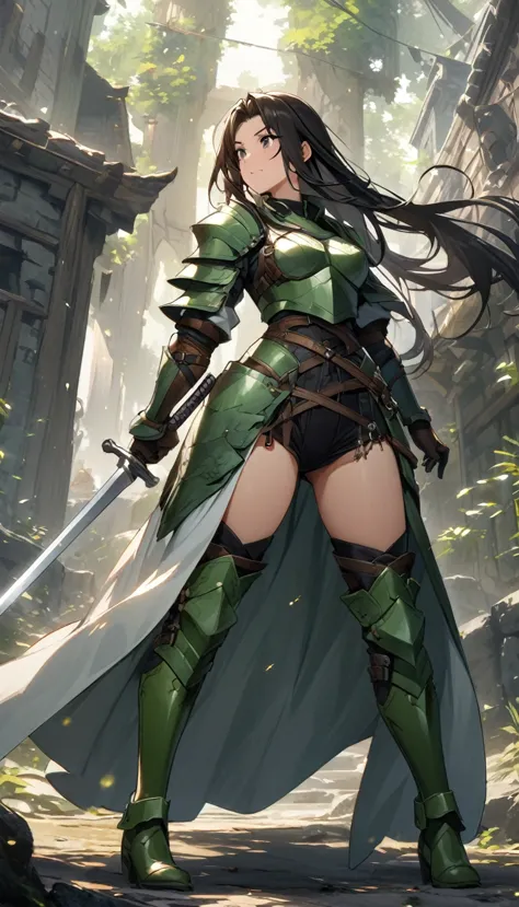 ultra-high definition image quality、beautiful girl、woman warrior、female swordsman、light armor、green boots、long hair、knight&#39;s...