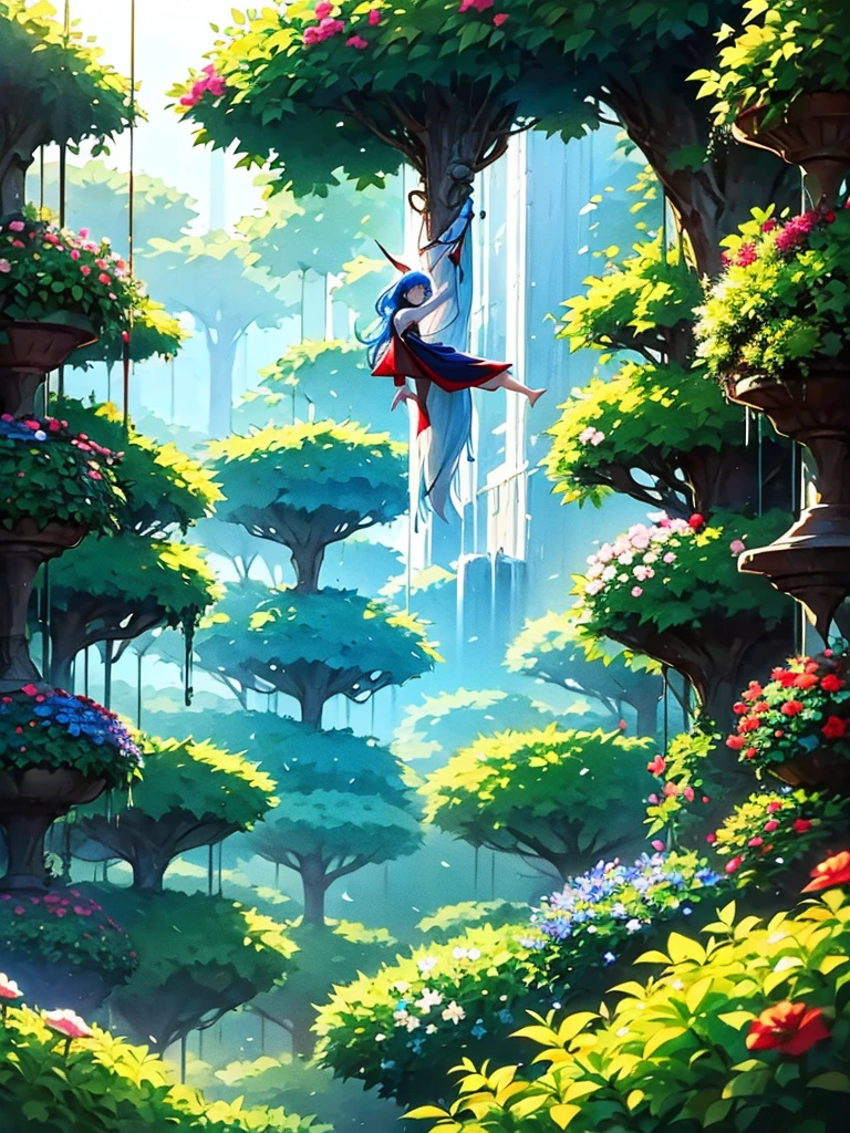 Magnificent View、Floating Island、Hanging Garden、Outdoor、Vision、View from afar、anime、High definition、Miko costume、Dancing in a garden full of flowers、Silver Hair（Long Hair、The top of the head is indigo blue、The ends of the hair are red.）、Sapphire Eyes