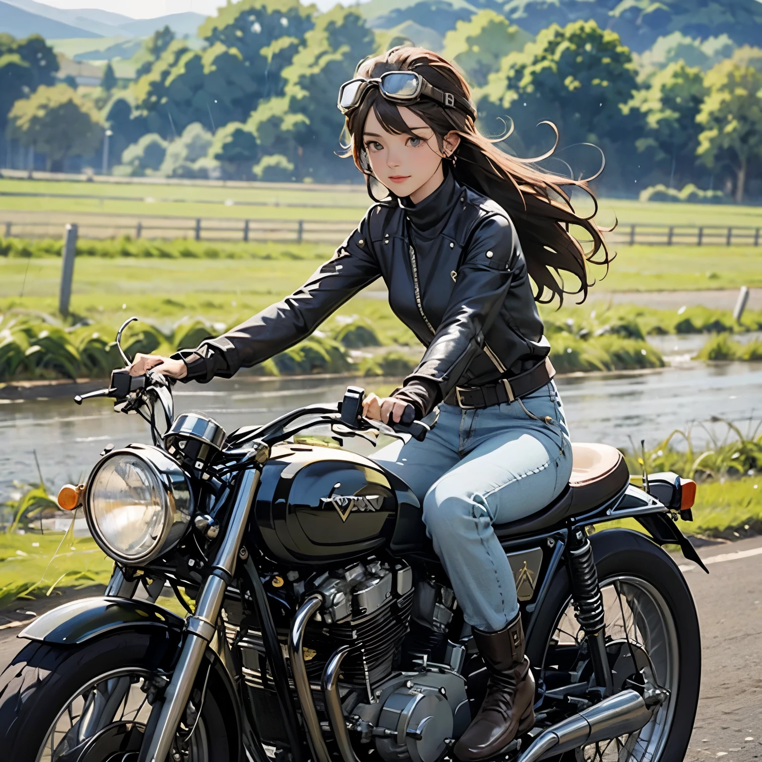 Vintage Bikes、victory、Isle of Man Races、(A young female rider speeds along on a motorcycle)、Leather jumper、Cromwell helmet with goggles、After the Rain、English countryside、