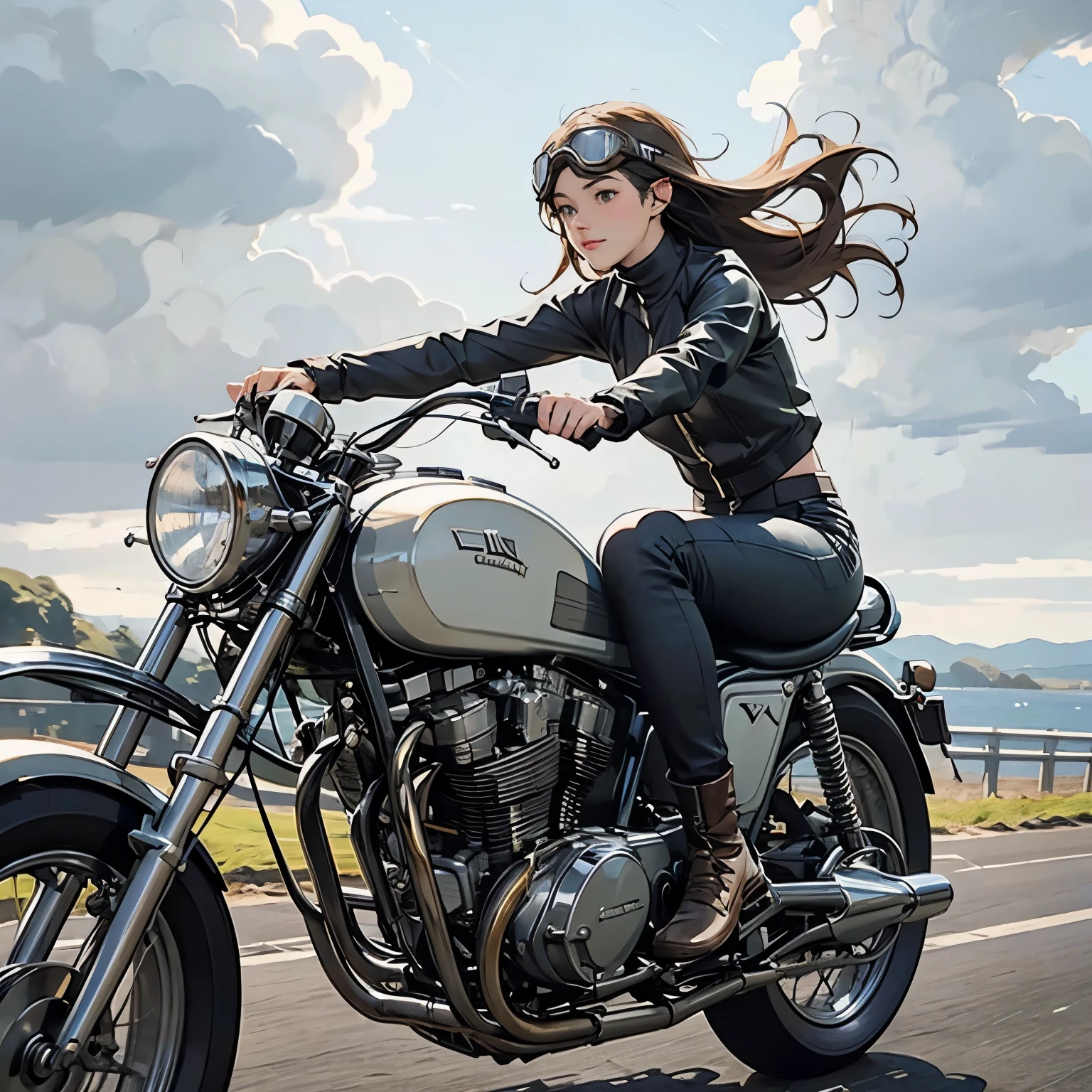 Vintage Bikes、victory、Isle of Man Races、(A young female rider speeds along on a motorcycle)、Leather jumper、Cromwell helmet with goggles、After the Rain、English countryside、