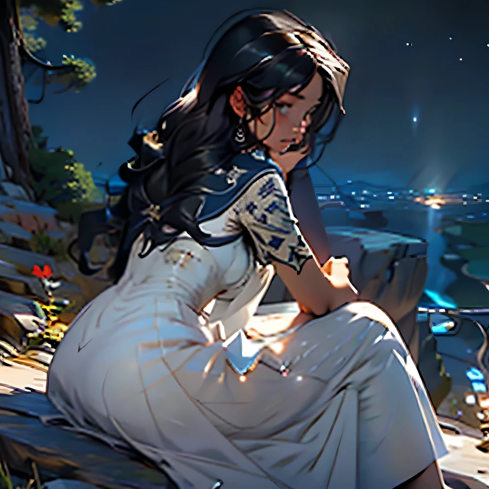 Girl on the edge of a cliff, sitting with her back to the stars in a white dress on a starry night