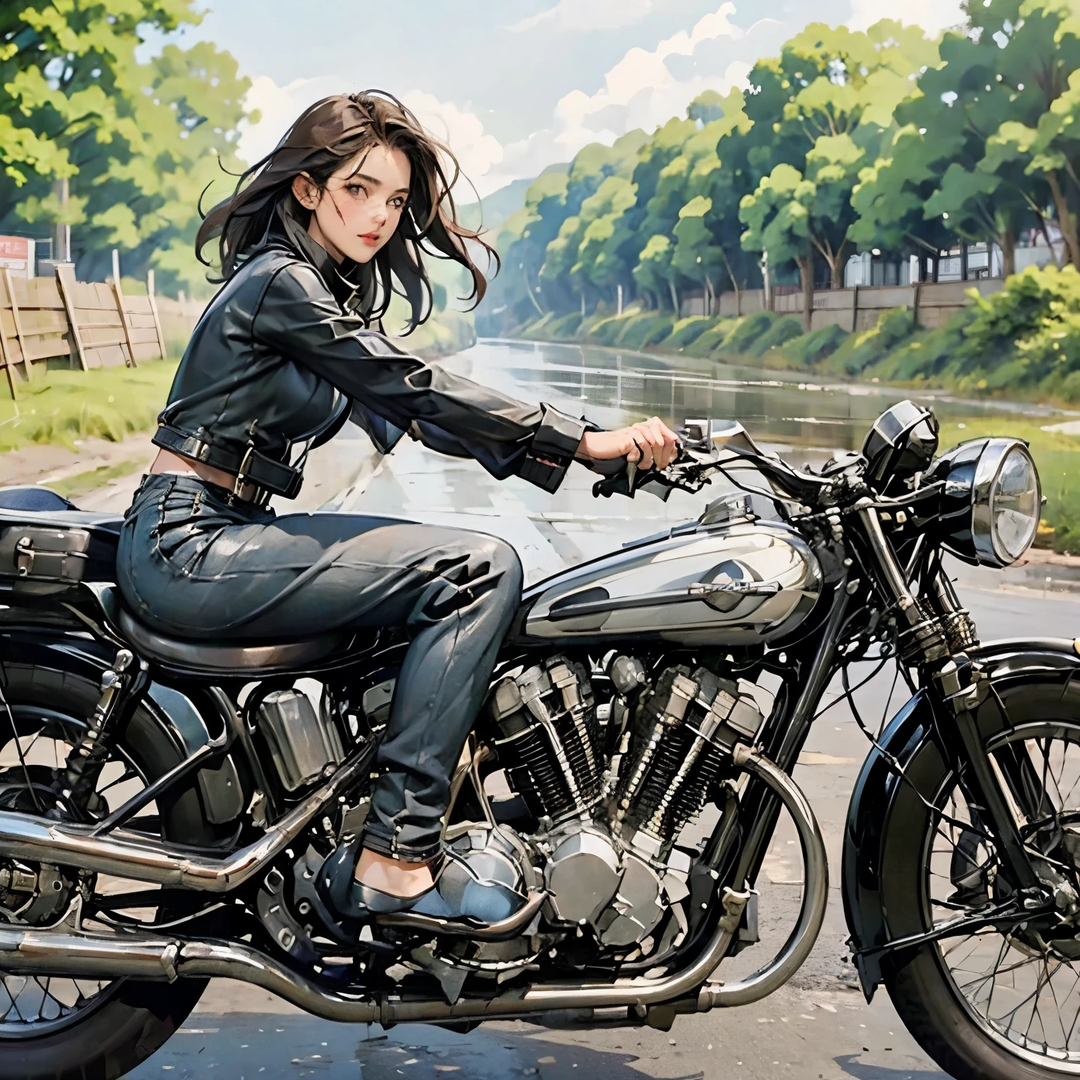 Vintage Bikes、Bluff Superior SS100、Isle of Man Races、(A young female rider speeds along on a motorcycle)、Leather jumper、Cromwell helmet with goggles、After the Rain、English countryside、(Highest quality, masterpiece, High resolution)、8k、wallpaper