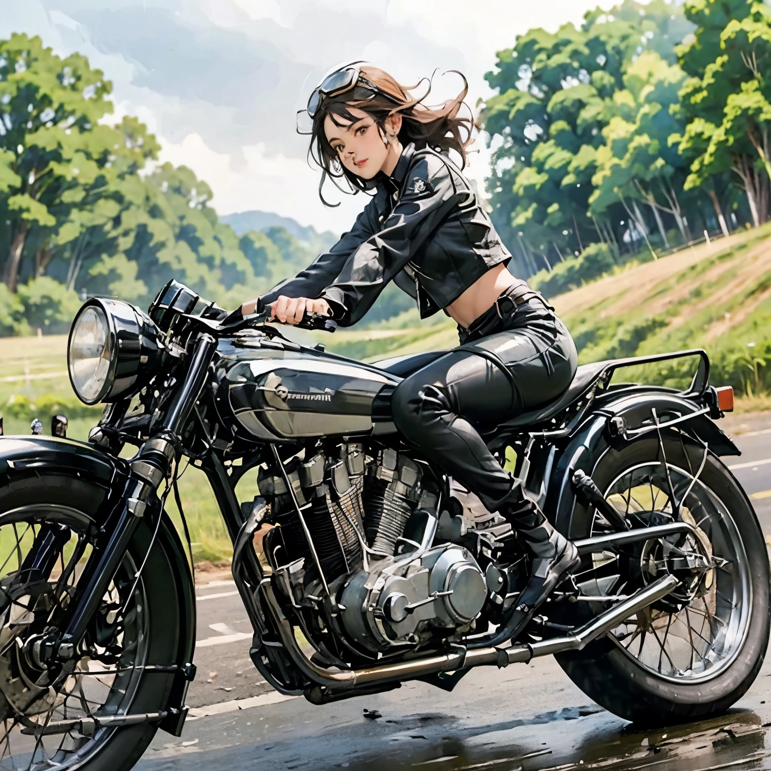 Vintage Bikes、Bluff Superior SS100、Isle of Man Races、(A young female rider speeds along on a motorcycle)、Leather jumper、Cromwell helmet with goggles、After the Rain、English countryside、(Highest quality, masterpiece, High resolution)、8k、wallpaper