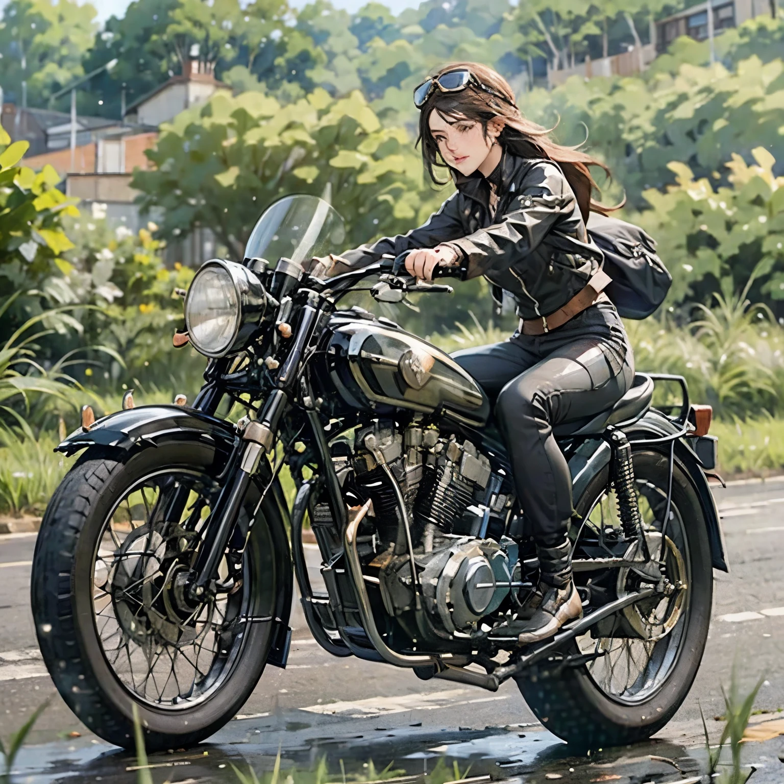 Vintage Bikes、Bluff Superior SS100、Isle of Man Races、(A young female rider speeds along on a motorcycle)、Leather jumper、Cromwell helmet with goggles、After the Rain、English countryside、(Highest quality, masterpiece, High resolution)、8k、wallpaper