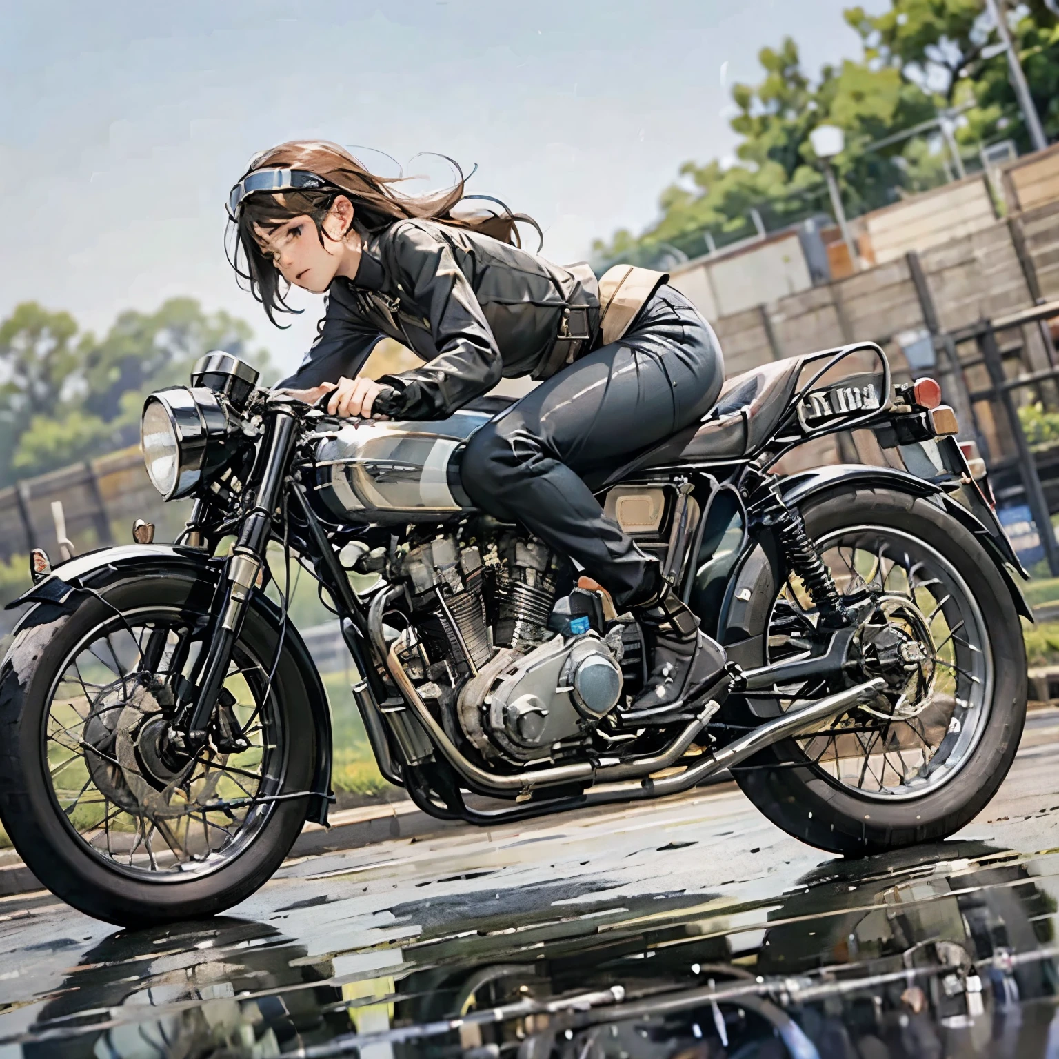 Vintage Bikes、Bluff Superior SS100、Isle of Man Races、(A young female rider speeds along on a motorcycle)、Leather jumper、Cromwell helmet with goggles、After the Rain、English countryside、(Highest quality, masterpiece, High resolution)、8k、wallpaper