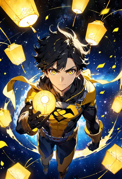 1boy, yellow lantern, dc comics, black hair, yellow eyes, flying in the space, yellow energy