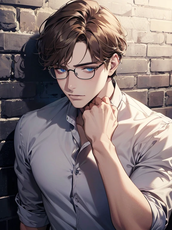 masterpiece, best quality, 1male, brunette hair, blue eyes, glasses, white shirt, mugshot, wall background, detailed eyes, detailed facial features, realistic and high resolution (best quality, 4k, 8k, highres, masterpiece:1.2)