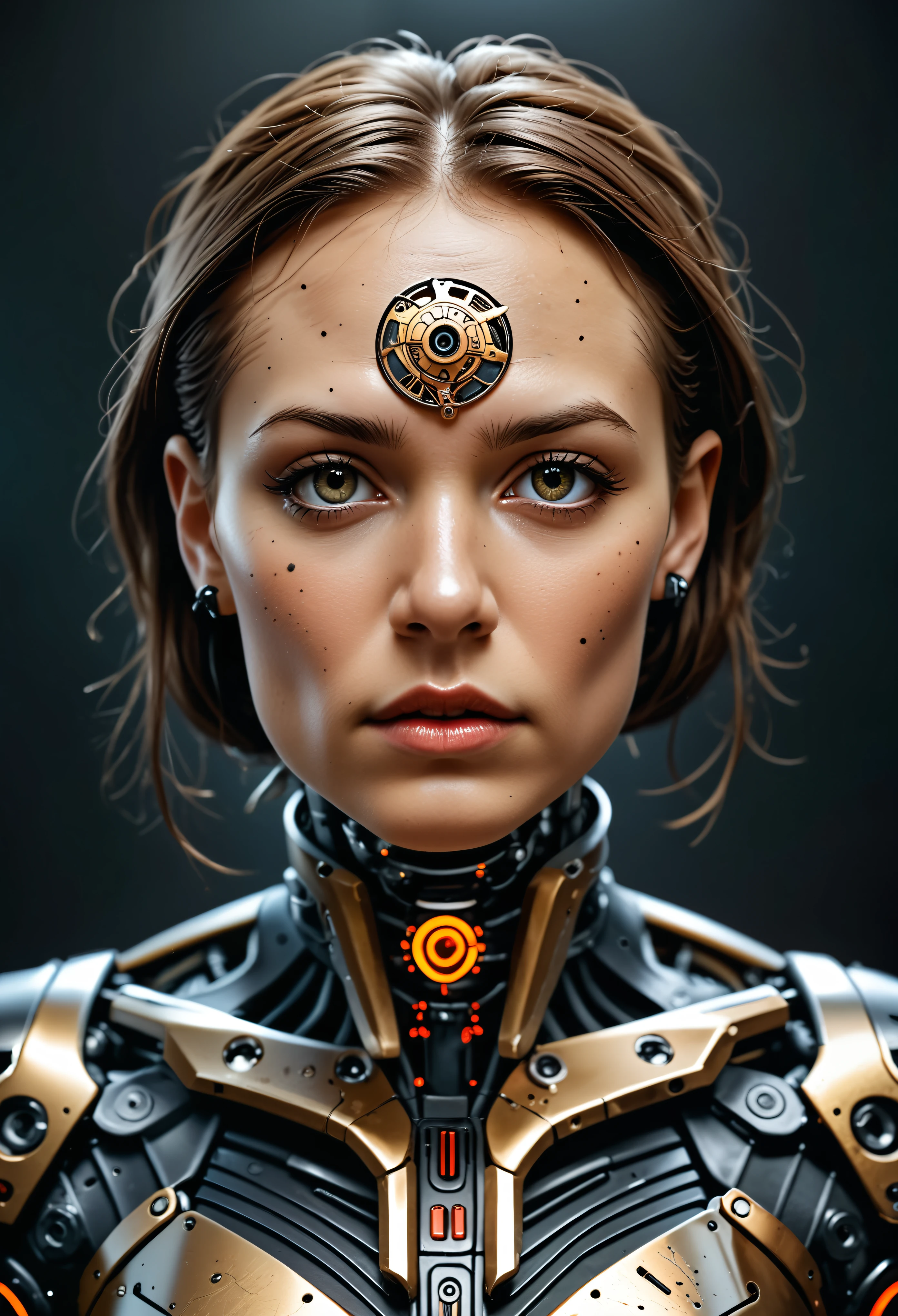 A futuristic cyborg's face fills the frame, split by a metallic-organic dichotomy. Metallic half: gears whirring, wires snaking, mechanical parts clicking. Organic half: black ink tattoos swirl, symbols blend seamlessly into metal. Eyes: cybernetic gold glow on one side, piercing natural intensity on the other. Red-black abstract background complements the face. High contrast emphasizes intricate details: circuitry patterns, shapes, and gears merge in a technological-human fusion.