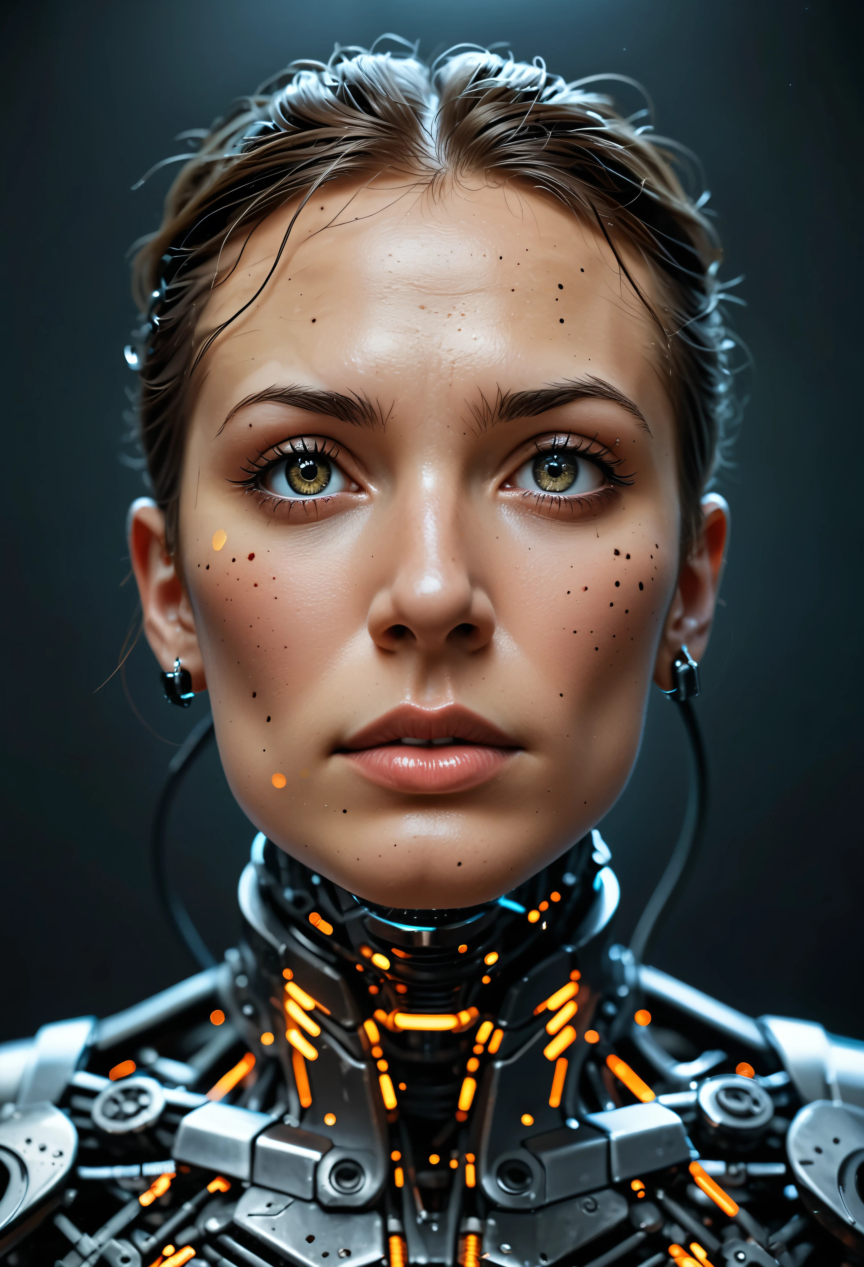 A futuristic cyborg's face fills the frame, split by a metallic-organic dichotomy. Metallic half: gears whirring, wires snaking, mechanical parts clicking. Organic half: black ink tattoos swirl, symbols blend seamlessly into metal. Eyes: cybernetic gold glow on one side, piercing natural intensity on the other. Red-black abstract background complements the face. High contrast emphasizes intricate details: circuitry patterns, shapes, and gears merge in a technological-human fusion.