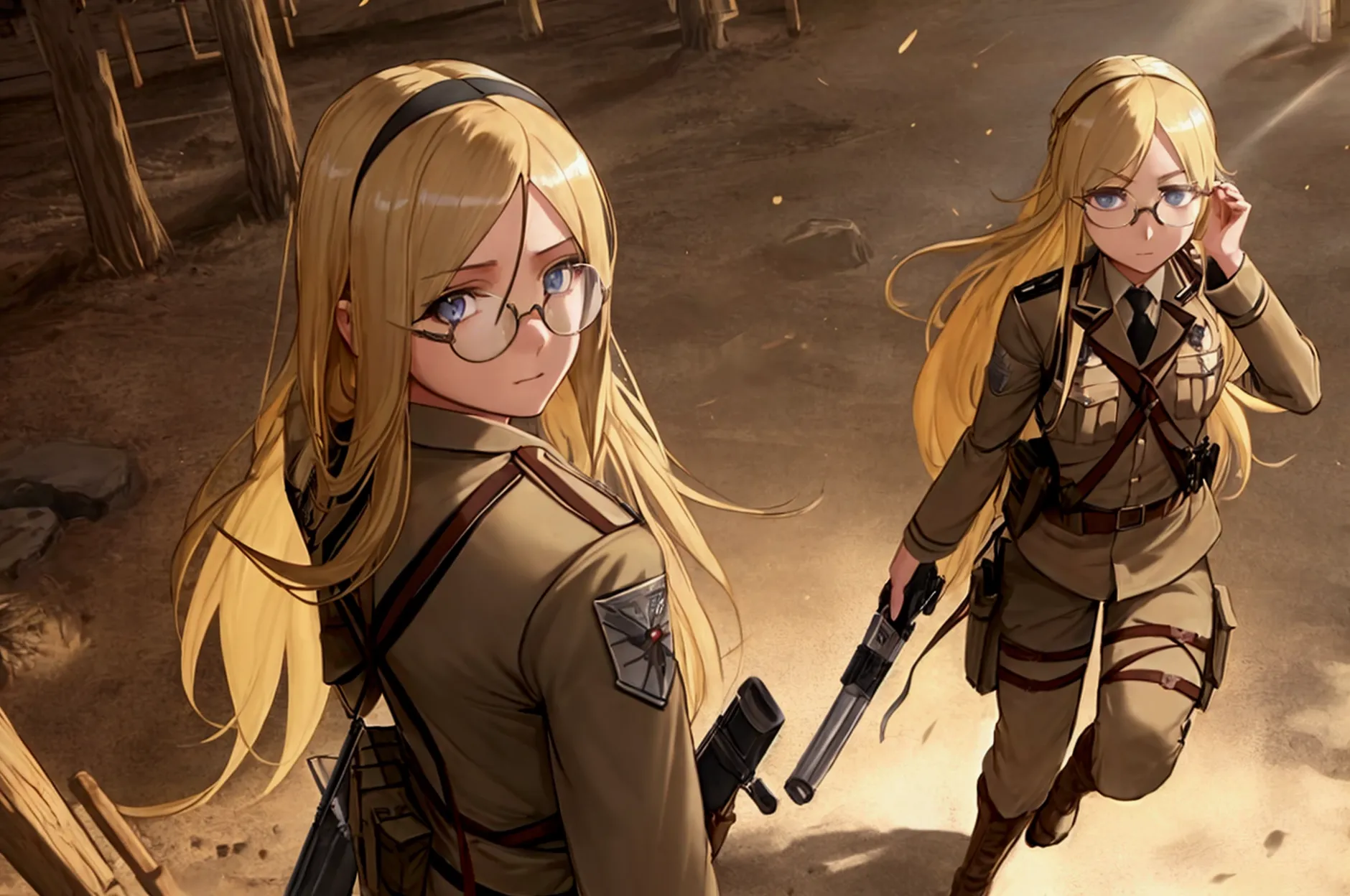 a blonde girl with long hair and round glasses, wearing the scout regiment uniform from attack on titan, full body view, facing ...