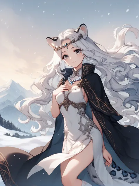 (masterpiece, best quality),1 person, upper body, tail, large tail, white hair, very long hair, wavy hair, grey eyes, decapitate...