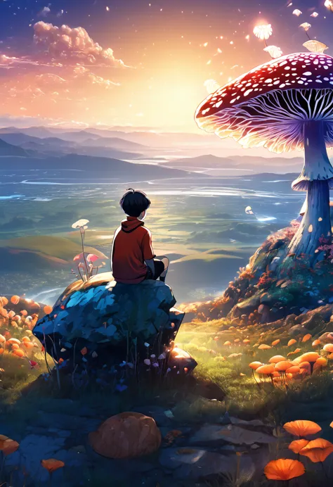 1boy, sitting on a rock, landscape view, abstract landscape, shining mushroom, shining flower, anime graphics, intricate, detail...