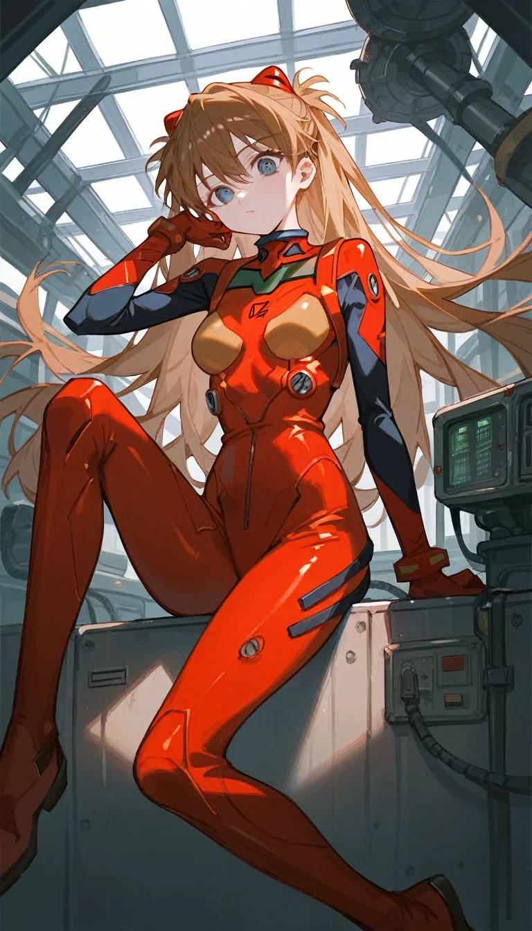 1 girl, (masterpiece), factory background, best quality, expressive eyes, perfect face, red bodysuit, interface headset, plugsuit, pilot suit, bodysuit, hair ornament, brown hair, blue eyes, bangs, long hair, asuka langley soryu