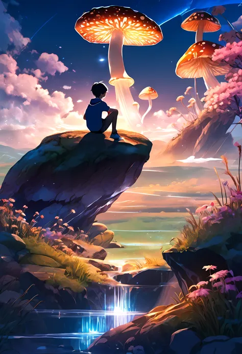 1boy, sitting on a rock, landscape view, abstract landscape, shining mushroom, shining flower, anime graphics, intricate, detail...