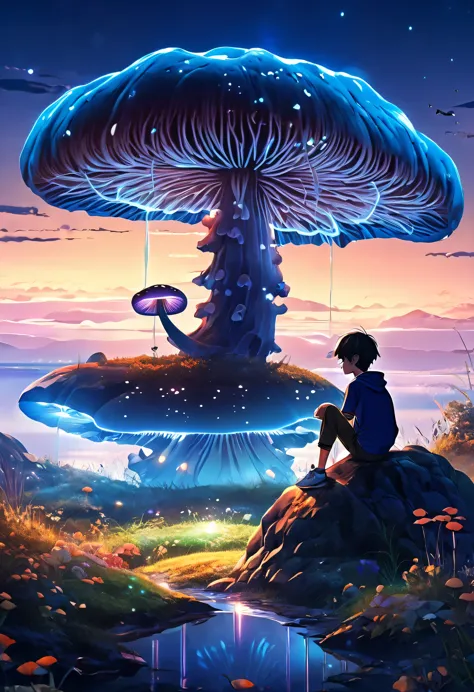 1boy, sitting on a rock, landscape view, abstract landscape, shining mushroom, shining flower, anime graphics, intricate, detail...