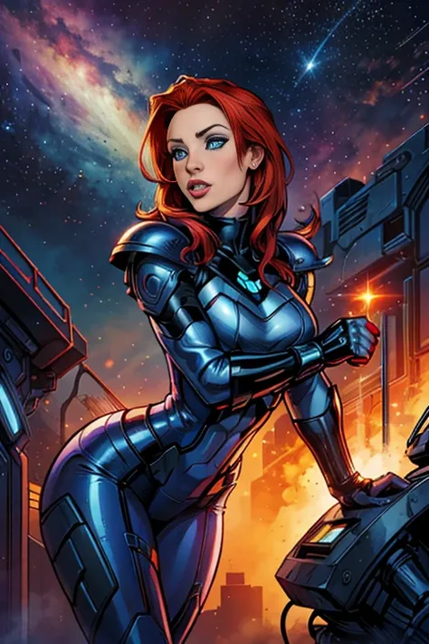 comic book art, vivid colors, style terry moore, woman galactic, red hair, blue eyes, red hi-tech armor, scifi cenario