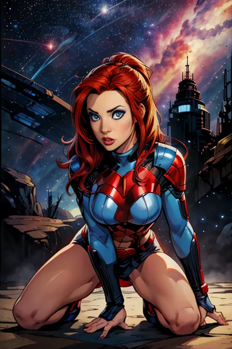 comic book art, vivid colors, style terry moore, woman galactic, red hair, blue eyes, red hi-tech armor, scifi cenario