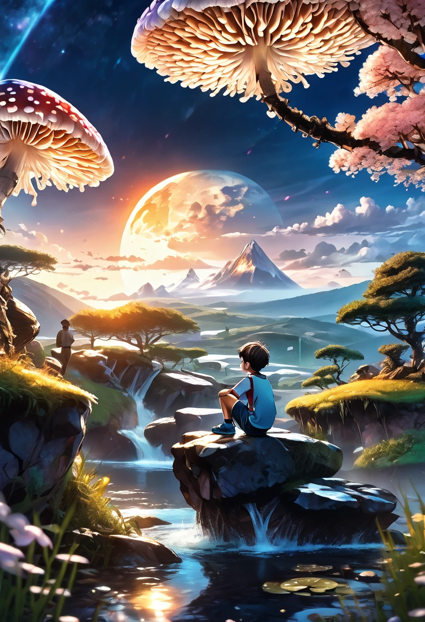 1boy, sitting on a rock, landscape view, abstract landscape, shining mushroom, shining flower, anime graphics, intricate, detailed, masterpiece, 8k