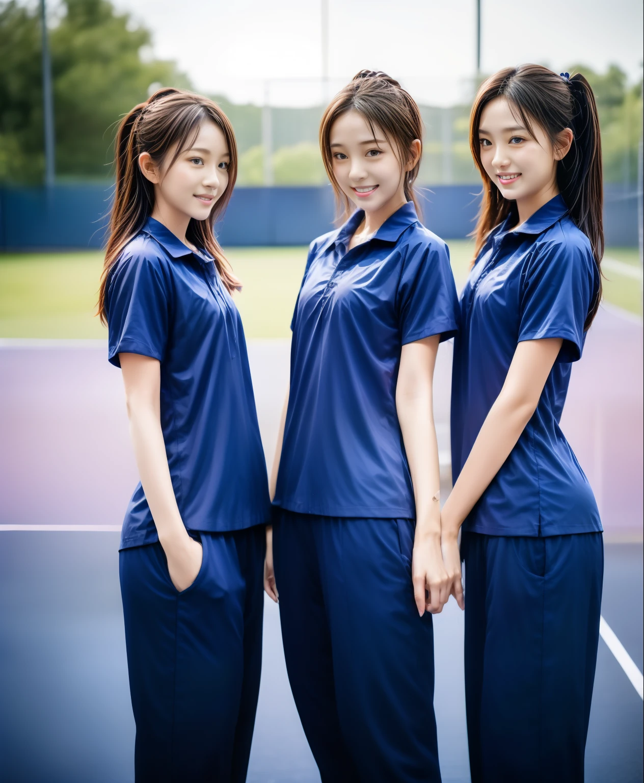 3 girls play tennis at tennis courts, Navy blue short-sleeved shirt,Navy Long Trackpant,Sweatpants, Sweatpantsขายาว,25 year old girl, lesbian, sexy, exercise clothes, wet body, exercise clothes