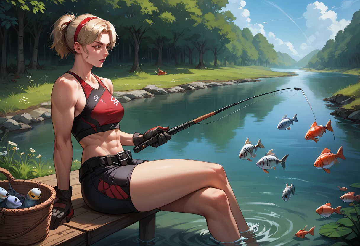 Lidia Sobieska, 2, Poland, short blonde ponytail hair, hairband, medium breasts, fit toned body:1.3, red sports bra, spandex shorts, gloves, black belt, wide curvy hips, big ass, fishing at a river, catching fish, river, holding fishing rod, fishes, sitting on a chair next to water, looking at the fishes, fishes basket