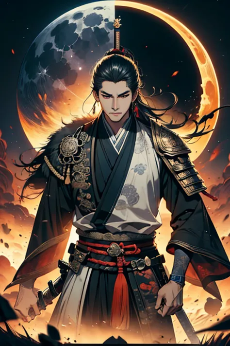 a guy with sword and wolf in front of full moon, samurai, concept art by yang j, fantasy art, alena aenami and artgerm, artgerm ...