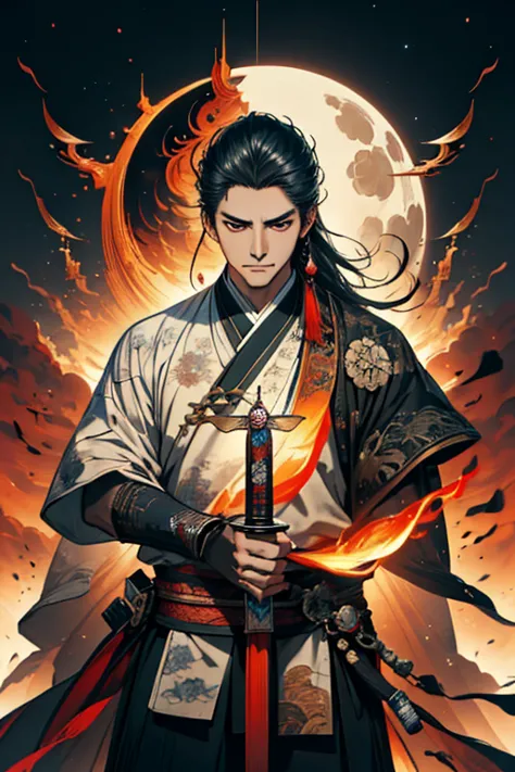 a guy with sword and wolf in front of full moon, samurai, concept art by yang j, fantasy art, alena aenami and artgerm, artgerm ...