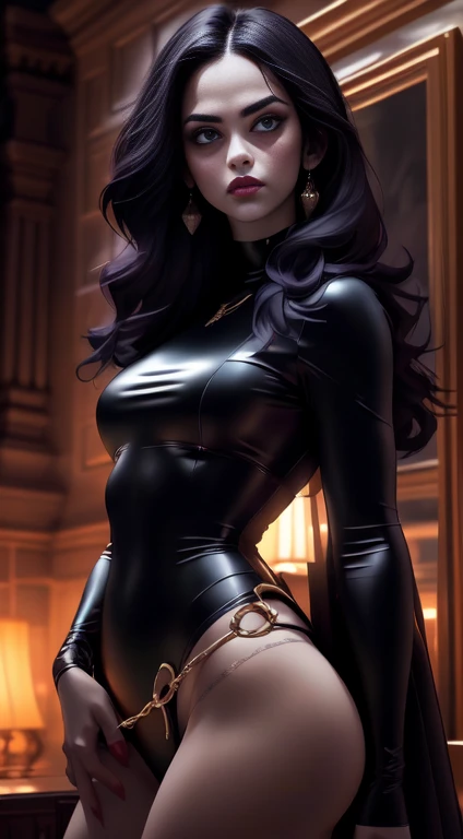 A beautiful raven-haired goth woman, detailed eyes, detailed facial features, pale porcelain skin, mature and seductive hourglass figure, tall and slender body, big breasts, medium thighs, wide hips, (best quality,4k,8k,highres,masterpiece:1.2),ultra-detailed,(realistic,photorealistic,photo-realistic:1.37),dark,moody,dramatic lighting,cinematic,dramatic,chiaroscuro,dramatic shadows,gothic,dark fantasy,dark romance