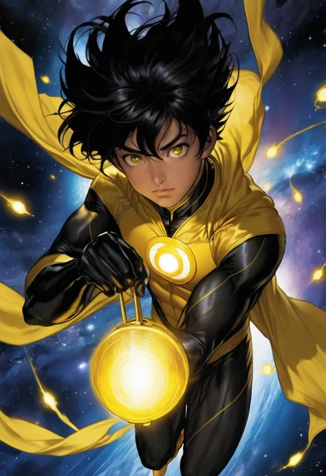 1boy, yellow lantern, dc comics, black hair, yellow eyes, flying in the space, yellow energy