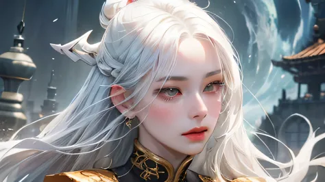 close-up of a woman with white hair and a white mask, beautiful portraits, gwitz, guwiz style artwork, white-haired god, yang ja...