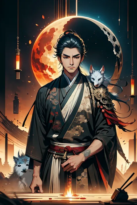 a guy ready to draw sword and with a wolf in front of full moon, samurai, concept art by yang j, fantasy art, alena aenami and a...