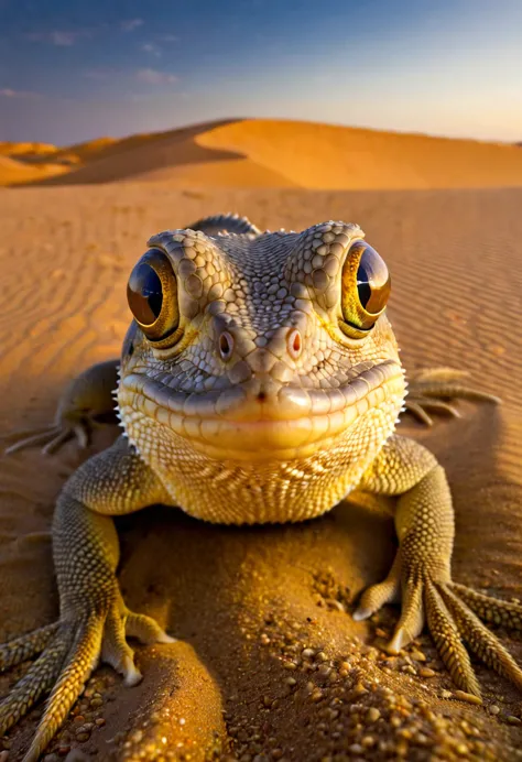 a lizard that lives in the sahara desert, the "sandfish", the desert at dawn, the dawn sky reflected in the sandfish's large eye...