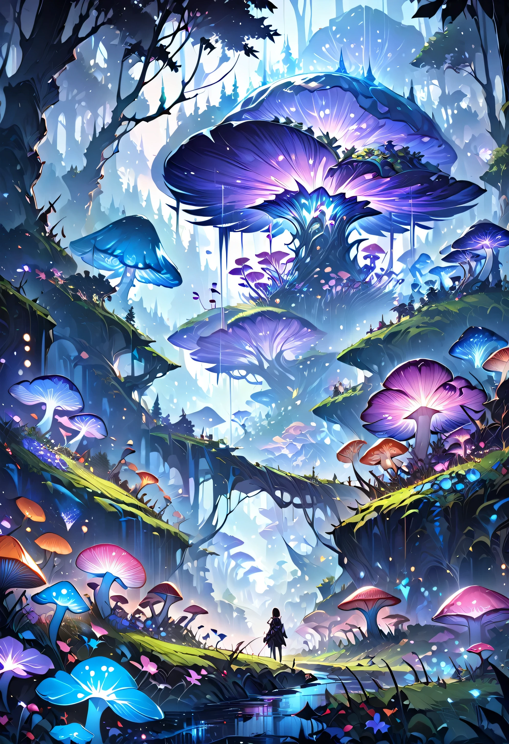 landscape view, abstract landscape, shining mushroom, shining flower, anime graphics, forest, intricate, detailed, masterpiece, 8k