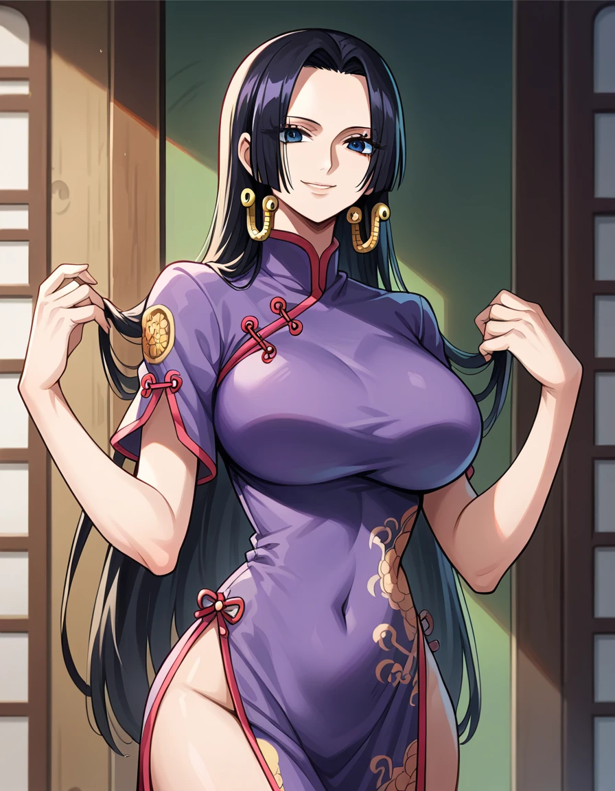 score_8_up, score_7_up, source_anime, best quality, clear face, 1girl, Boa Hancock, black hair, long hair, blue eyes, large breasts, china dress, purple clothes, looking at viewer, smile, indoor, 