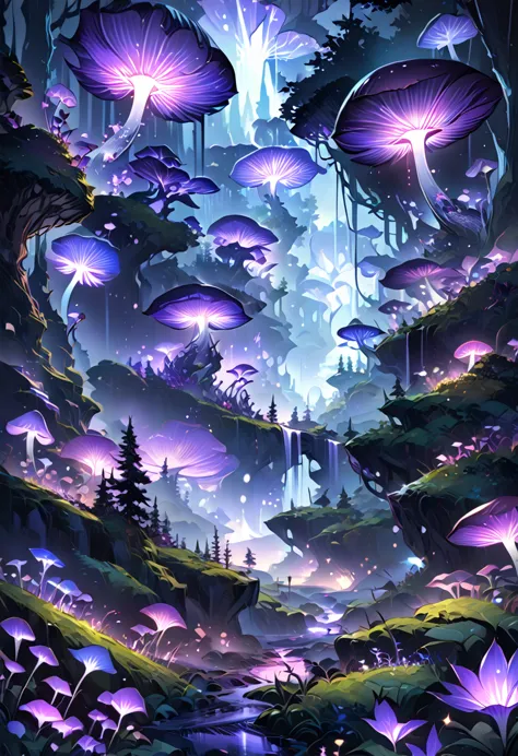 landscape view, abstract landscape, night, shining mushroom, shining flower, anime graphics, forest, intricate, detailed, master...