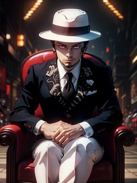 (masterpiece:1.2, best quality), muzanmale, 1boy, male focus, solo, sitting, hat, red eyes, formal, suit, black hair, chair, loo...