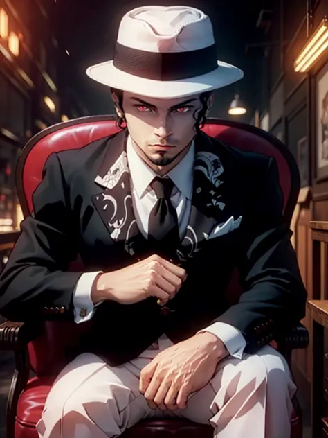 (masterpiece:1.2, best quality), muzanmale, 1boy, male focus, solo, sitting, hat, red eyes, formal, suit, black hair, chair, loo...