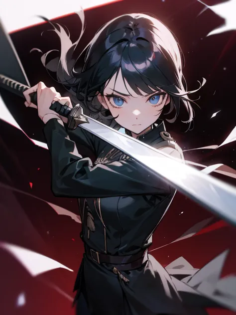 a female swordman,sharp eyes,black uniforn with collar and two-folded uniform,leggings,holding a longsword