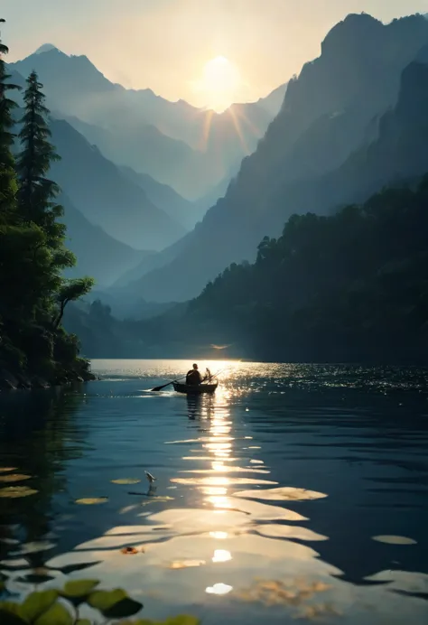 a pescador fishing with a rod in a beautiful lake, birds flying around, dawn lighting, sun rising on the horizon, mountains in t...