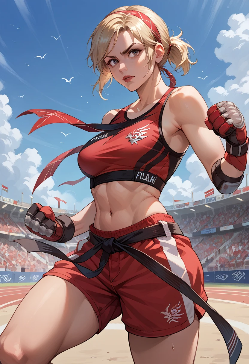 Lidia Sobieska, 2, Poland, short blonde ponytail hair, hairband, medium breasts, fit toned body:1.3, red sports bra, red bloomers shorts, gloves, black belt, wide curvy hips, big ass, detailed face, fighting stance, standing pose, front shot,