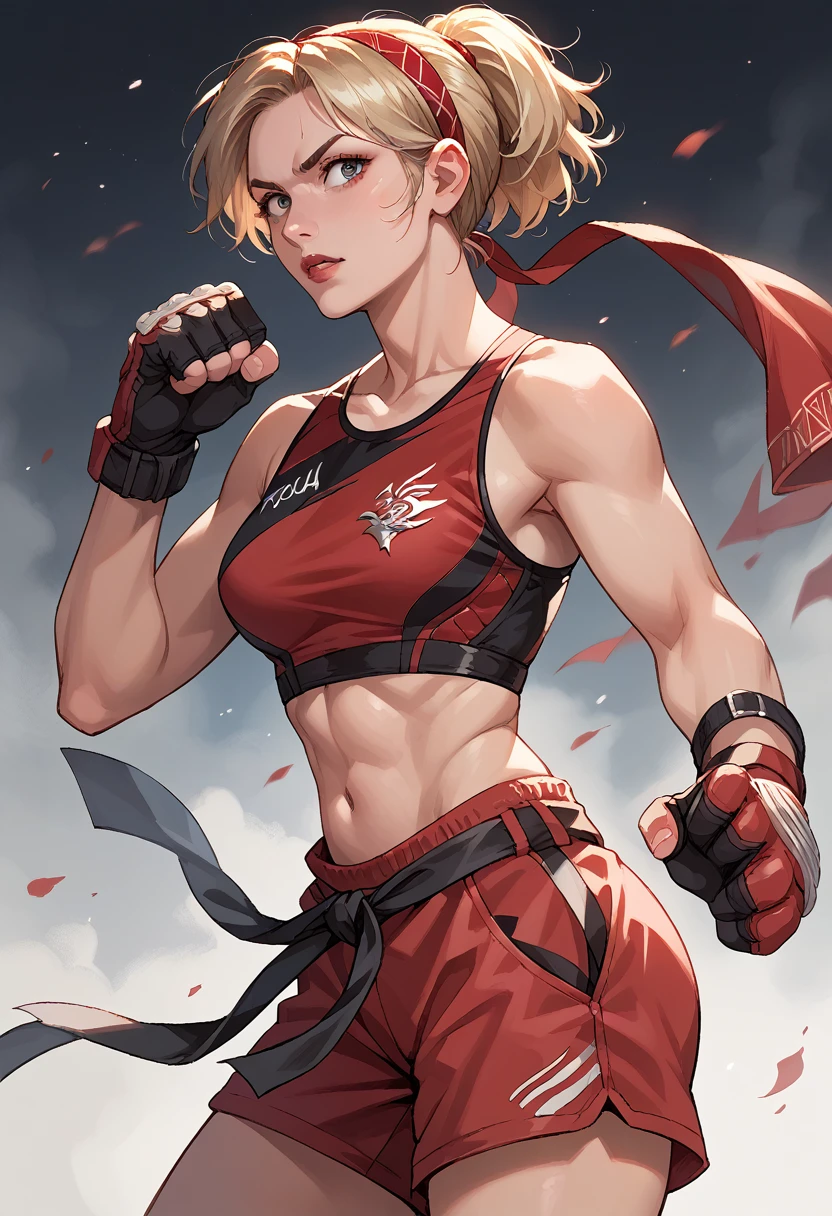 Lidia Sobieska, 2, Poland, short blonde ponytail hair, hairband, medium breasts, fit toned body:1.3, red sports bra, red bloomers shorts, gloves, black belt, wide curvy hips, big ass, detailed face, fighting stance, standing pose, front shot,