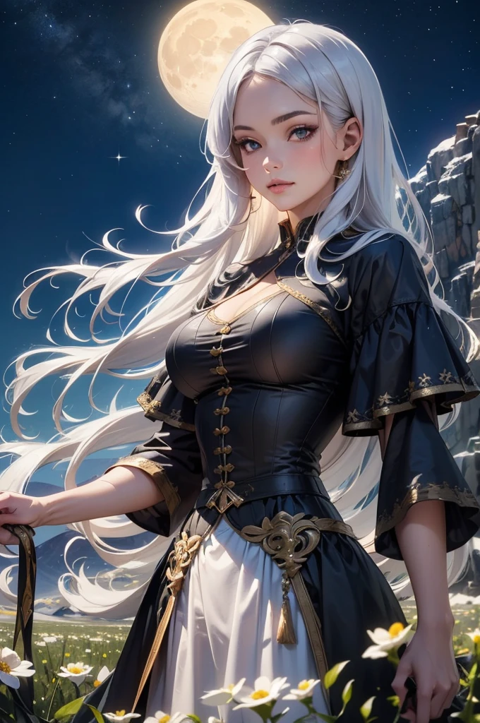 masterpiece, best quality, highly detailed, 1girl, white hair, Name:SARA, fantasy clothing, A girl in a field of flowers, mountains in the distance, a large moon, night sky. Fantastic ambiance.