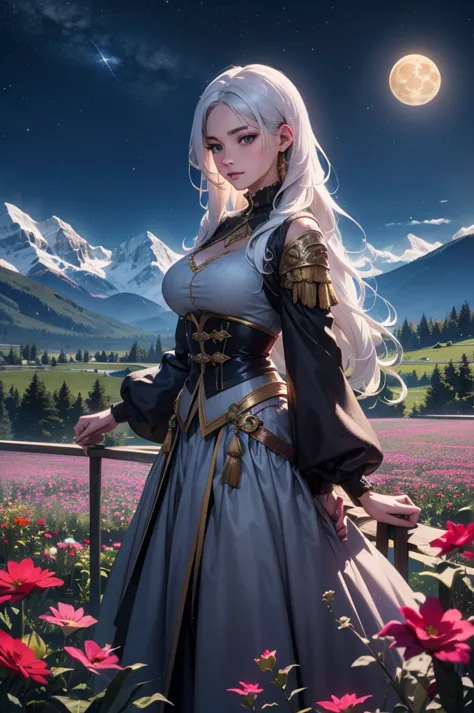 masterpiece, best quality, highly detailed, 1girl, white hair, name:sara, fantasy clothing, a girl in a field of flowers, mounta...