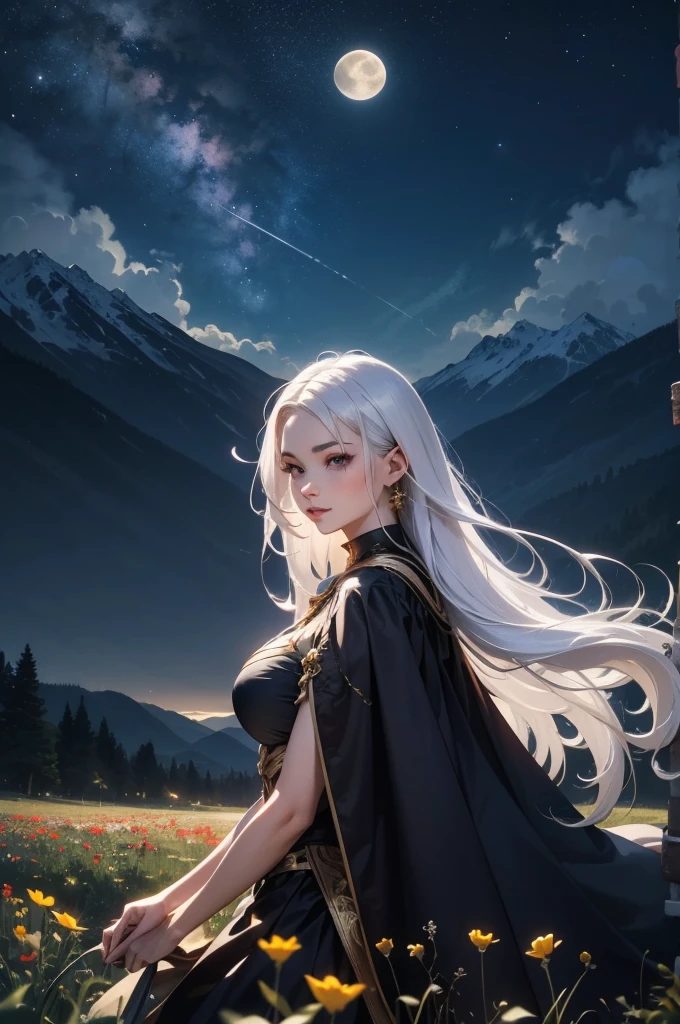 masterpiece, best quality, highly detailed, 1girl, white hair, Name:SARA, fantasy clothing, A girl in a field of flowers, mountains in the distance, a large moon, night sky. Fantastic ambiance.