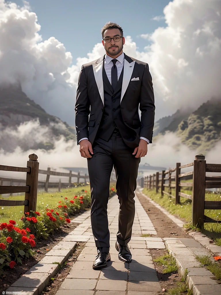 solo, crew cut, (((full body))), mature man, [slightly fat], asian man, brown eyes, rounded face, glasses, slightly balding, (((stubbles, Short beard))), (((full beard))), (Beautiful eyes:1.3), (Detailed face:1.3), man standing in front of a fence gate, red flowers in the fence, gothic suit, (((only black and white, black and white photo, fog))), photography, realistic, sad, an european ancient villa in the (((background, dark and cloudy, gray cloud))), scenery, landscape,