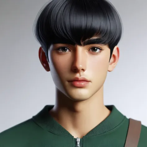 young man, tanned skin, black bowl cut hair, thick black eyebrows, round black eyes, big lips, forest green clothes, rock lee, r...