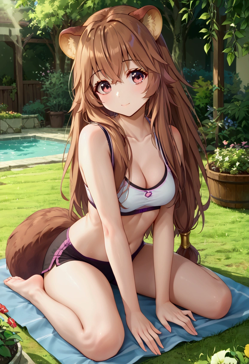  score_9,score_8,  (((perfect face))), (medium breasts), focus breasts, full body view, {looking at viewer},(brown hair), (bangs), (long hair), (animal ears), (raccoon ears), (raccoon girl), (raccoon tail), 1girl, raphtalia, (pink eyes), (detailed eyes), (perfect Eyes), garden, cleavage, outdoors, Yogapants:1.5, sport bra, white top, 