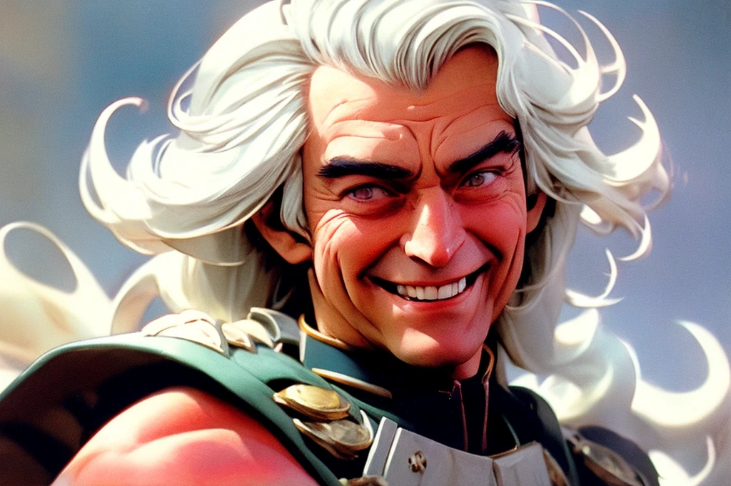 masterpiece, best quality, midbody closeup, Warhammer, dynamic poses, closed fist,
1man, standing, smiling, very handsome man face, long white hair, cape,
, RAW candid cinema, 16mm, color graded portra 400 film, remarkable color, ultra realistic, shot with cinematic camera 