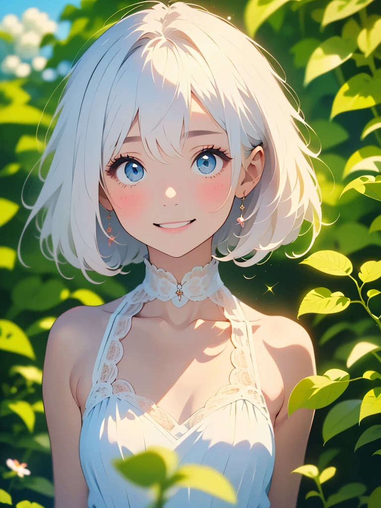 (masterpiece、highest quality、highest quality、Beautiful and beautiful:1.2)、(Good anatomy:1.5)、Painting of a girl with milky white straight hair、Shy smile、Sparkling Eyes、looking at the camera、Emerging from among the flowers and leaves、Suzuran