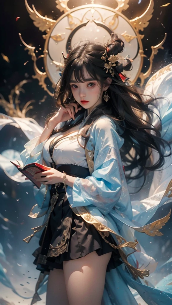 best quality,masterpiece,Ultra-high resolution,photoactual:4：0,Demon Palace Academy Park,Albedo,long hair shawl,Devil's Horn,Big breasts,shirt clothes,mini skirt,holding book