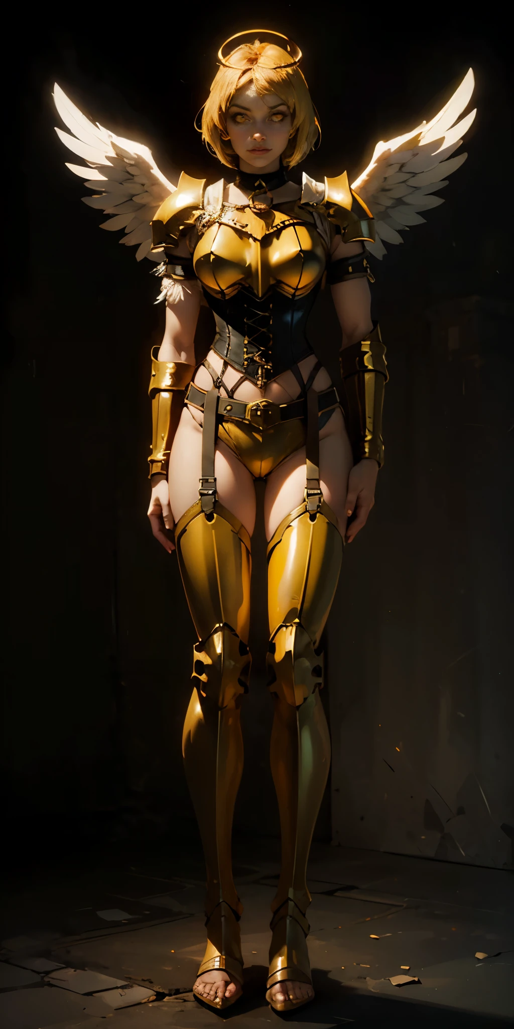 (Black background) paladin lady in ornate golden armor, black collar, pauldrons, breastplate, leather corset, glowing halo, short bob hair style, yellow glowing eyes, bright pupils, eye focus, red cape (full body, whole body, 1solo girl) slave fighter, loincloth standing, hands on hips, metal sandals, leather choker, big belt, view from below, feet together, bracers, tiara) feathers angel wings